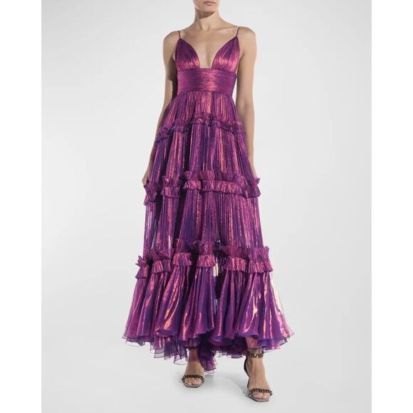 Maria Lucia Hohan Dresses & Skirts - Maria Lucia Hohan Elaine Plunging Mettalic Plisse Tiered Gown Purple Size US 10